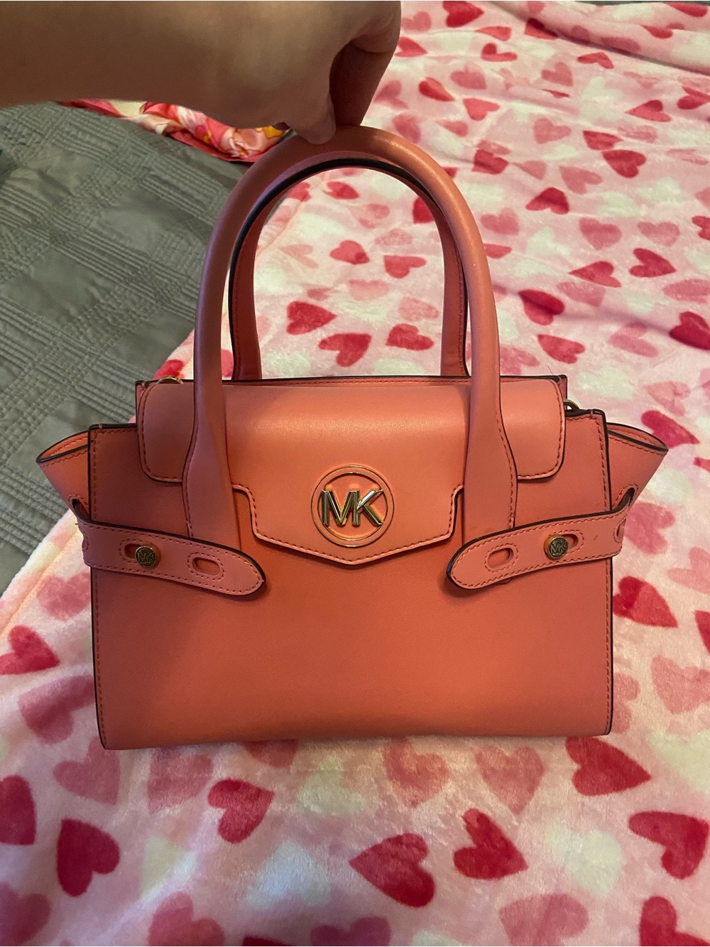 Michael Kors Coral-Pink Leather Satchel with Gold MK Emblem